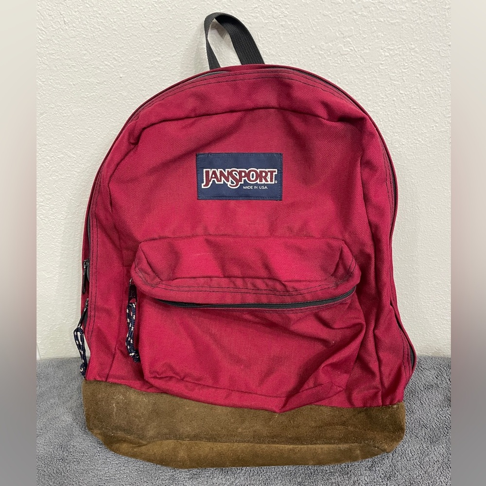 Vintage Jansport Backpack Red Leather Bottom Made In USA 90s Hiking Day Pack